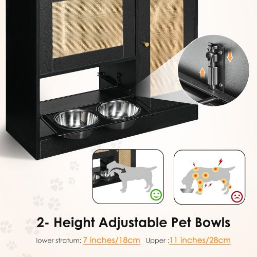Pet Feeding Station with 2 Lockers, Anti-Tip, Rattan Door | Black