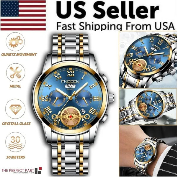 Men's Watch Relojes De Hombre Stainless Steel Quartz Classic Waterproof FNGEEN