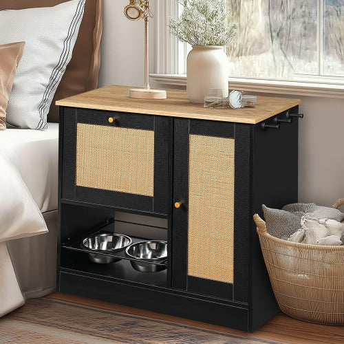 Pet Feeding Station with 2 Lockers, Anti-Tip, Rattan Door | Black