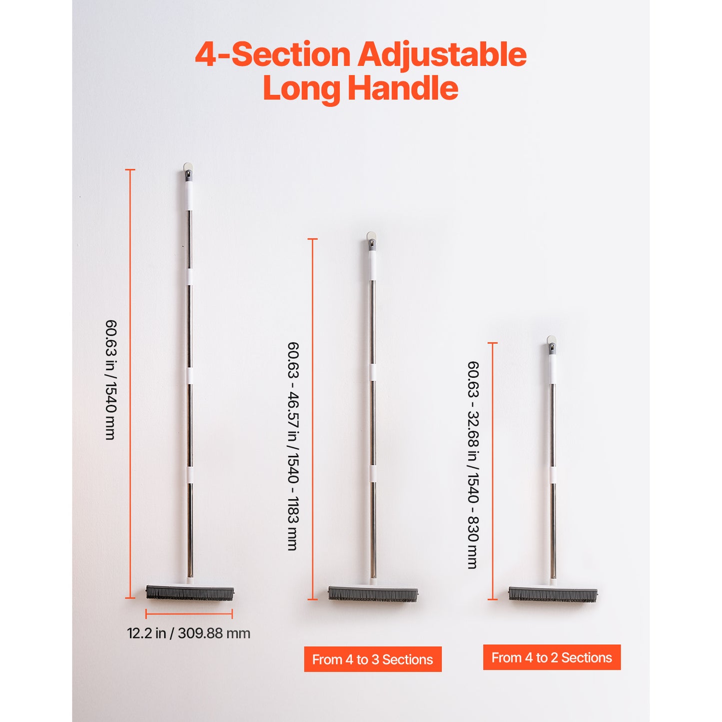 Pet Hair Removal Broom 58.46 In Adjustable Long Handle Pet Hair Rubber Broom