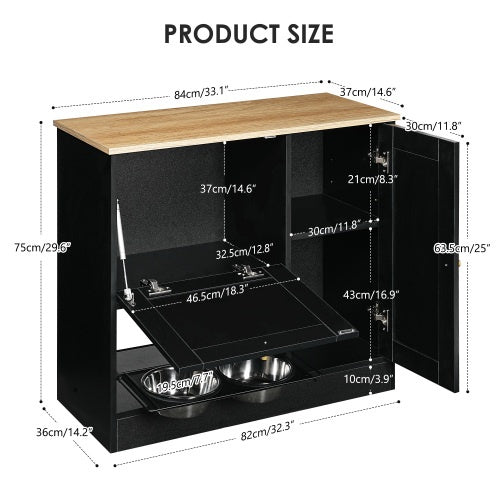 Pet Feeding Station with 2 Lockers, Anti-Tip, Rattan Door | Black