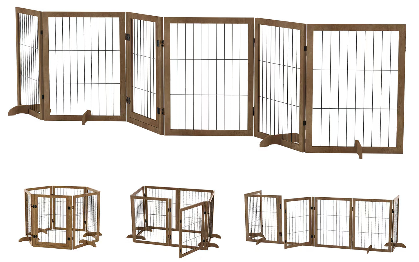 Foldable 6-Panel Hardwood Dog Gate | 144x32 Inch Pet Barrier
