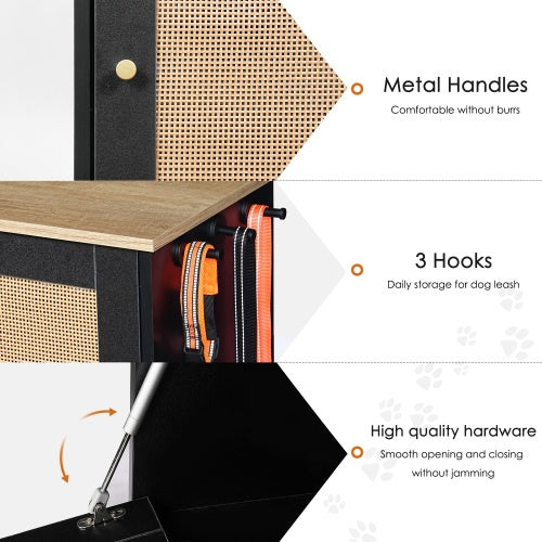 Pet Feeding Station with 2 Lockers, Anti-Tip, Rattan Door | Black