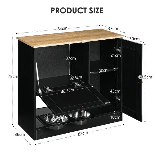 Pet Feeding Station with 2 Lockers, Anti-Tip, Rattan Door | Black