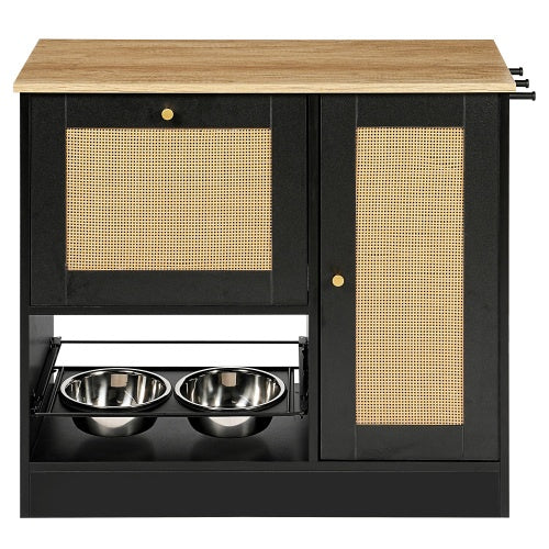 Pet Feeding Station with 2 Lockers, Anti-Tip, Rattan Door | Black
