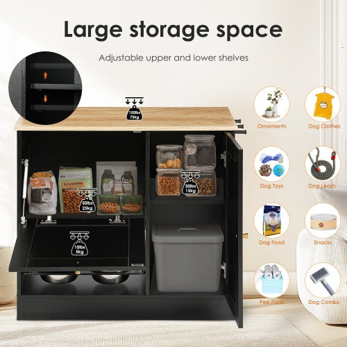 Pet Feeding Station with 2 Lockers, Anti-Tip, Rattan Door | Black