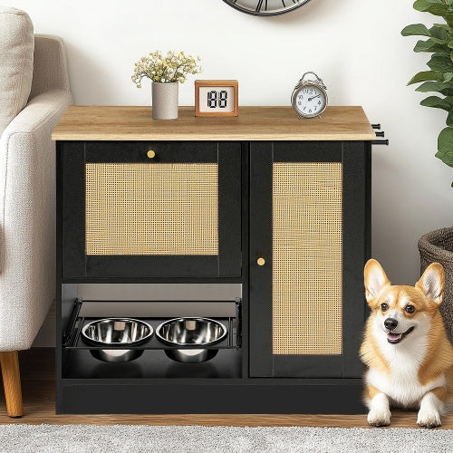 Pet Feeding Station with 2 Lockers, Anti-Tip, Rattan Door | Black