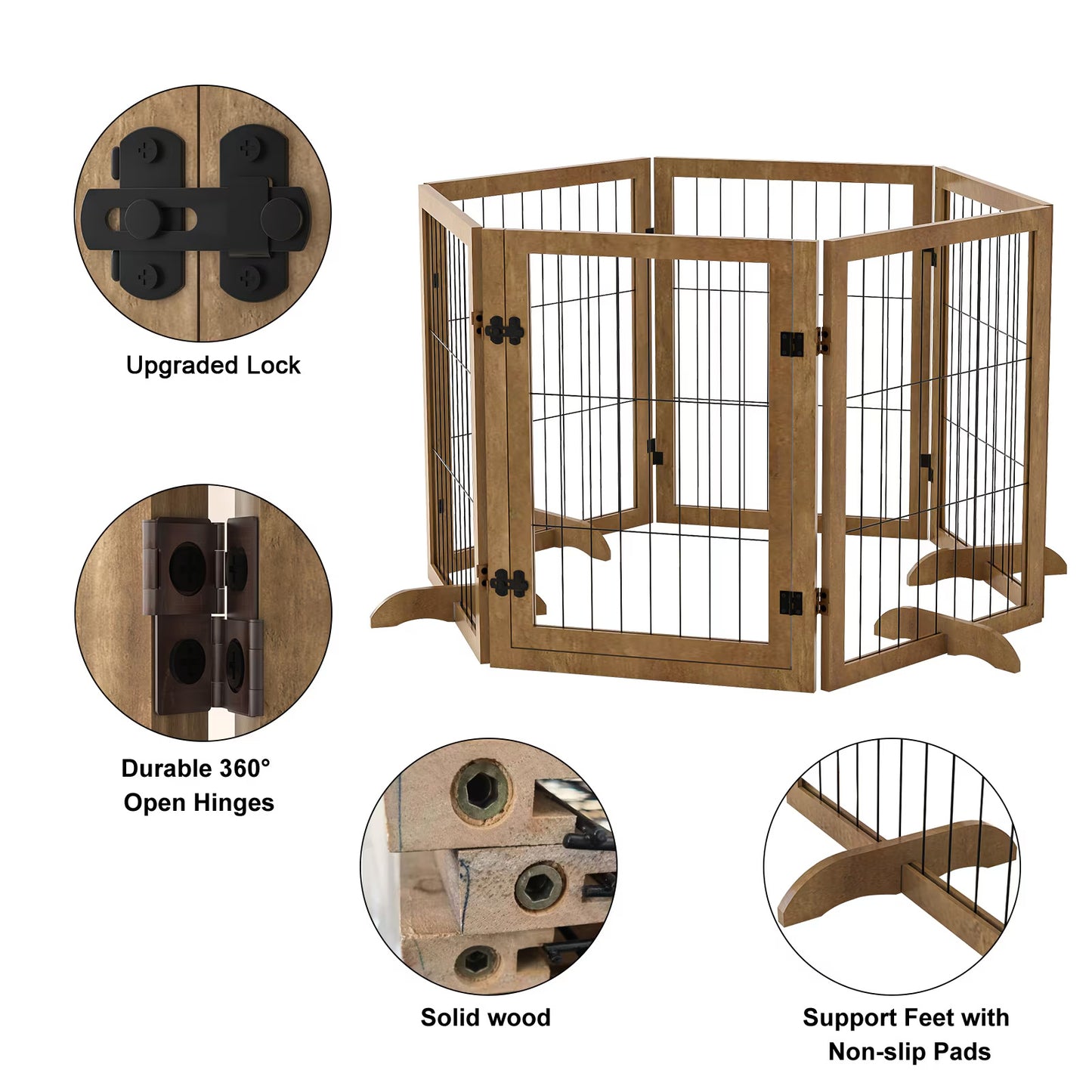 Foldable 6-Panel Hardwood Dog Gate | 144x32 Inch Pet Barrier