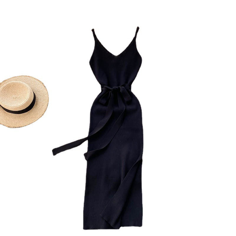 Elegant V-neck Waist Slimming Hip Stretch Knit Halter Dress