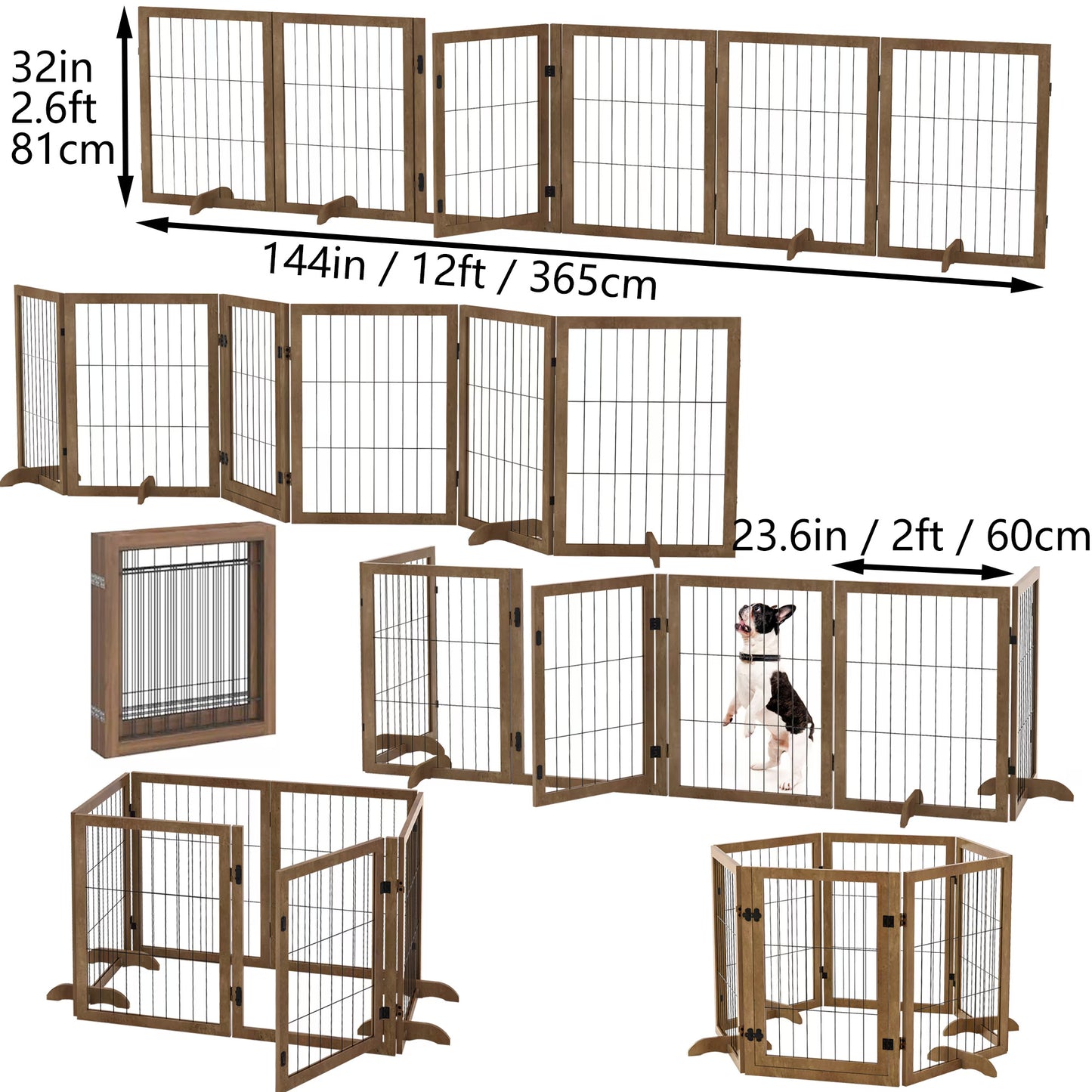 Foldable 6-Panel Hardwood Dog Gate | 144x32 Inch Pet Barrier