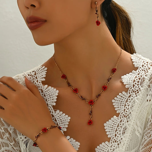 Romantic Rose Jewelry Set Necklace, Bracelet, Earrings