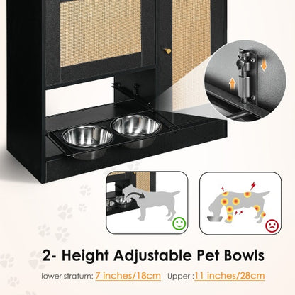 Pet Feeding Station with 2 Lockers, Anti-Tip, Rattan Door | Black