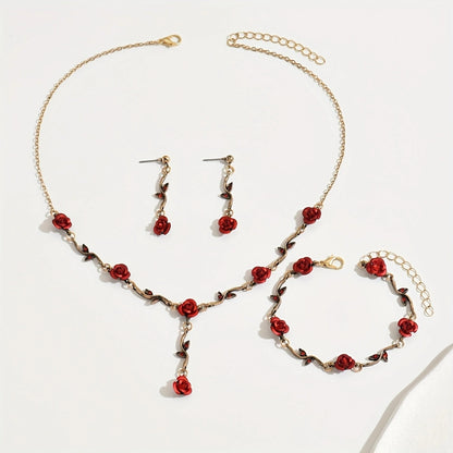 Romantic Rose Jewelry Set Necklace, Bracelet, Earrings