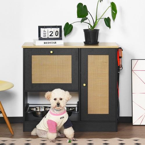 Pet Feeding Station with 2 Lockers, Anti-Tip, Rattan Door | Black