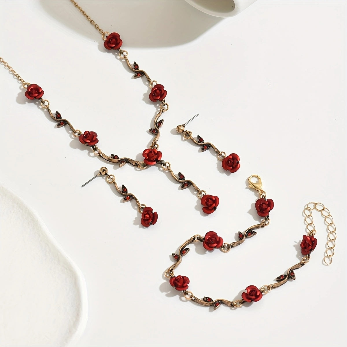 Romantic Rose Jewelry Set Necklace, Bracelet, Earrings