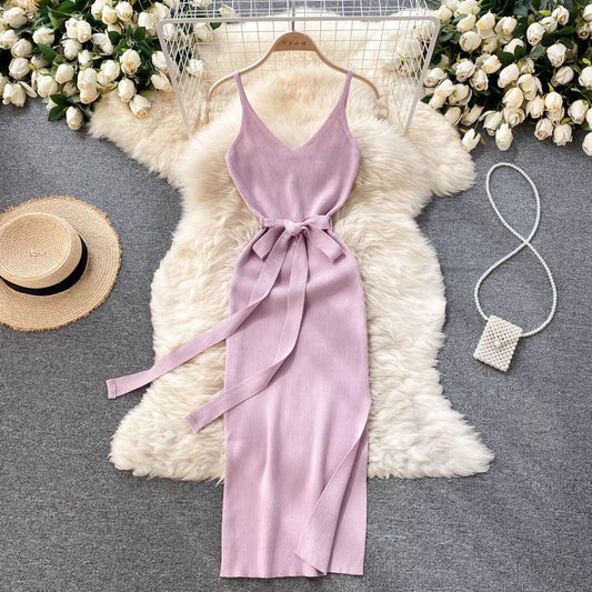 Elegant V-neck Waist Slimming Hip Stretch Knit Halter Dress