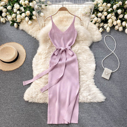 Elegant V-neck Waist Slimming Hip Stretch Knit Halter Dress