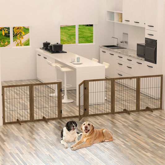 Foldable 6-Panel Hardwood Dog Gate | 144x32 Inch Pet Barrier