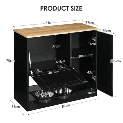 Pet Feeding Station with 2 Lockers, Anti-Tip, Rattan Door | Black