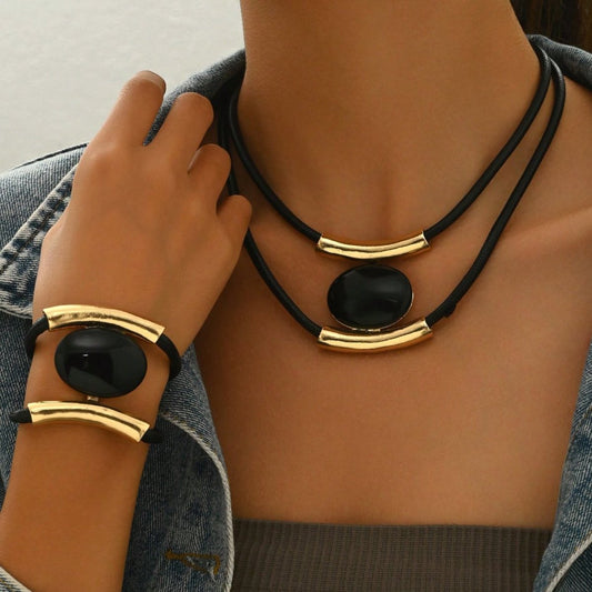 14K Gold Plated Black & Gold Statement Jewelry Set