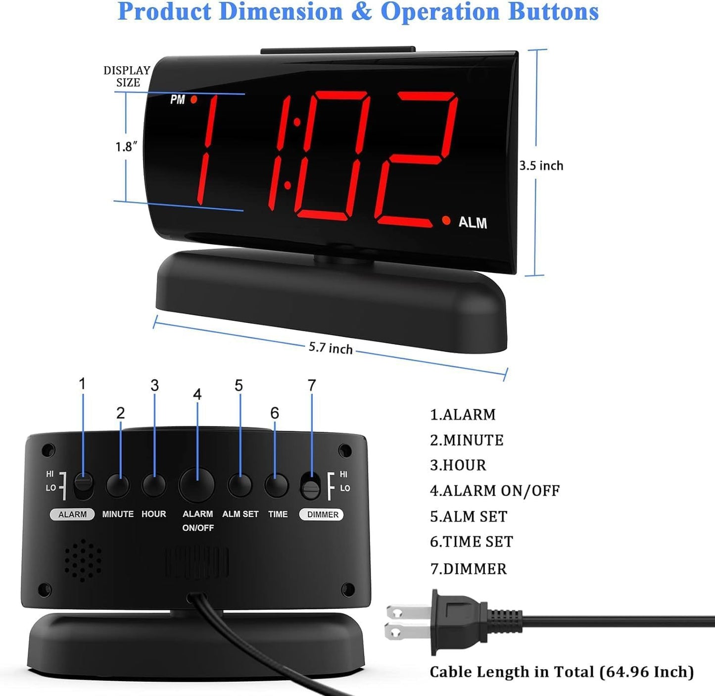 Rotating Digital Alarm Clock LED Display 2 Brightness Levels