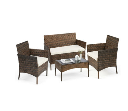 Patio Furniture Set 4 Pieces, Outdoor Furniture With Glass Table, Weaving Wicker Rattan Patio Chairs For Garden, Terrace, Porch, Lawns