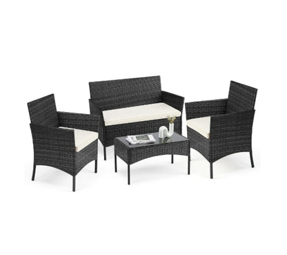 Patio Furniture Set 4 Pieces, Outdoor Furniture With Glass Table, Weaving Wicker Rattan Patio Chairs For Garden, Terrace, Porch, Lawns