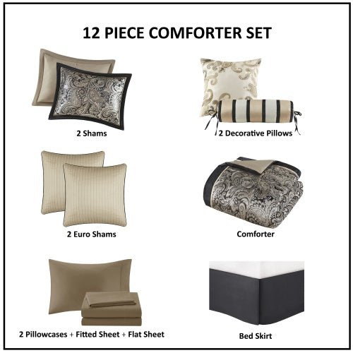 12 Piece Comforter Set With Cotton Bed Sheets | Black Queen