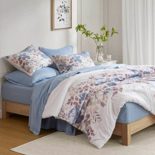 Floral Comforter Set With Bed Sheets | Blue Queen
