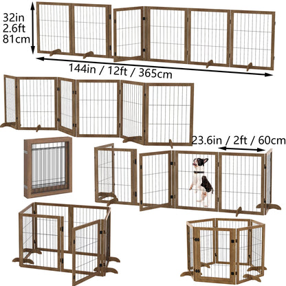 Foldable 6-Panel Hardwood Dog Gate | 144x32 Inch Pet Barrier