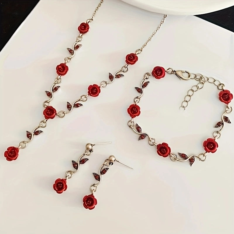 Romantic Rose Jewelry Set Necklace, Bracelet, Earrings