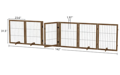 Foldable 6-Panel Hardwood Dog Gate | 144x32 Inch Pet Barrier