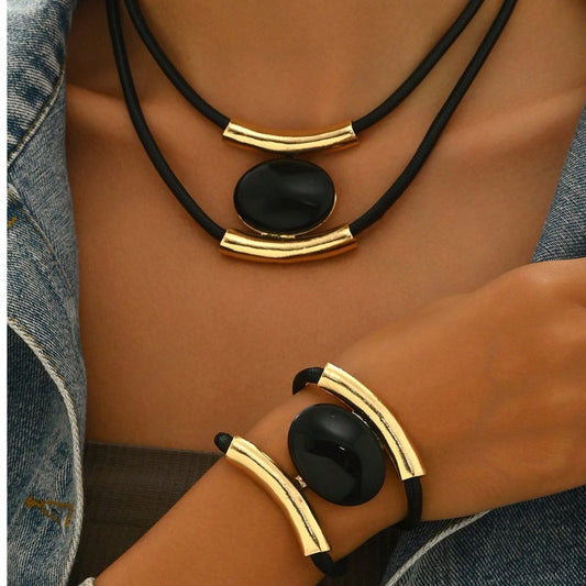 14K Gold Plated Black & Gold Statement Jewelry Set